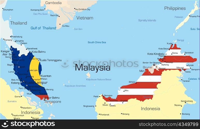 Vector map of Malaysia country colored by national flag