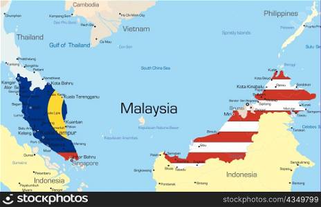 Vector map of Malaysia country colored by national flag
