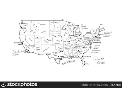 Vector map of United States of America. Black lines on white background. Hand drawned vector illustration of United States of America map including states borders, names and largest cities.. USA map vector. Hand drawned vector illustration of United States of America map