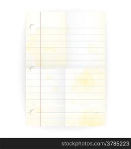 Vector old notepad ruled blank page with folded lines and yellow stains on white.&#xA;&#xA;