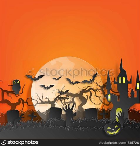 Vector paper cut background.Illustration of bonfire art with decorations in Halloween. Graphic design for Halloween festival. Greeting card for celebration on Halloween.