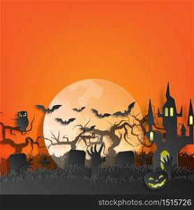 Vector paper cut background.Illustration of bonfire art with decorations in Halloween. Graphic design for Halloween festival. Greeting card for celebration on Halloween.