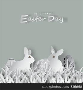 Vector paper cut. With rabbits, grassland, sky and Easter eggs. For Easter day background.