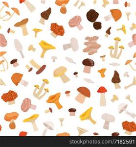 Vector pattern or background illustration with cartoon mushrooms. Forest food color backdrop. Vector pattern or background illustration with cartoon mushrooms