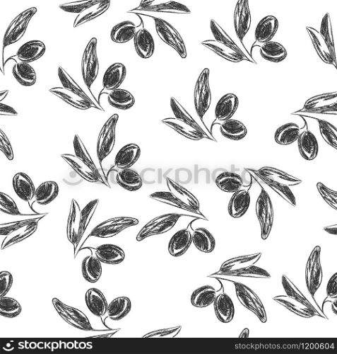 Vector pencil drawing of olive branch isolated on white background in Doodle style for kitchen design, oil or cosmetics. Flat design.