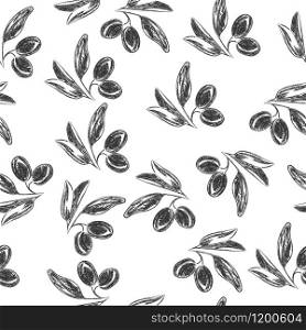 Vector pencil drawing of olive branch isolated on white background in Doodle style for kitchen design, oil or cosmetics. Flat design.