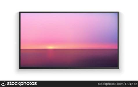 Vector realistic wide angle smart HD tv on the wall. Blue aerial panoramic view of sunrise over ocean. Led 3d screen isolated on white background. Sunrise watercolor gradation.