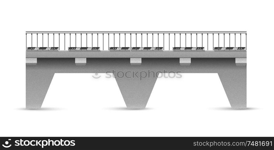 Vector road concrete bridge on a white background. The span of the bridge with traffic signs. Abstract road bridge. Stock vector illustration.