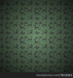 Vector Seamless background of ancient animals and birds on green. EPS10 opacity