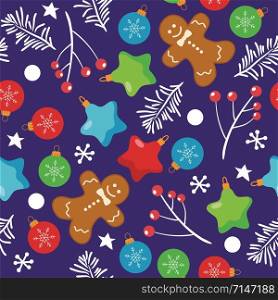 vector seamless christmas background with gingerbread cookies, snowflakes,red berries and christmas balls isolated on blue background.. seamless winter pattern for happy new year and merry christmas