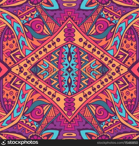 Vector seamless pattern flower colorful ethnic tribal geometric psychedelic mexican print. Vector seamless pattern ethnic tribal geometric psychedelic colorful print