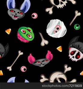 Vector seamless pattern. Halloween characters and attributes. Black background.