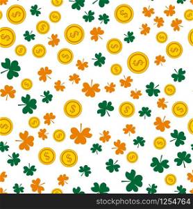 Vector seamless pattern of coin and shamrock on a white background. Stock Illustration for St. Patrick&rsquo;s Day. EPS 10 editable vector.. Vector seamless pattern of coin and shamrock on a white background. Stock Illustration for St. Patrick&rsquo;s Day.
