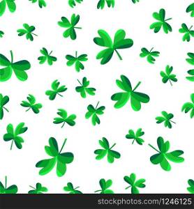 Vector seamless pattern of shamrocks on a white background. Green leaves of clover are randomly scattered in the pattern. Stock Illustration for packing gifts for St. Patrick&rsquo;s Day. Repeating editable vector pattern. EPS 10. Vector seamless pattern of shamrocks on a white background.