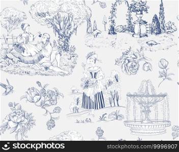 Vector seamless pattern Toile de Jouy. French provence wallpaper. Light nature background. Digital paper provence style. Vector pattern. Decoupage vector pattern, elegant life, love, people.  