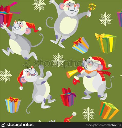 Vector seamless pattern with different cute mouse characters on green background. Vector stock illustration.Winter holiday, Christmas eve concept. For prints, banners, stickers, cards
