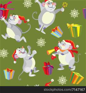 Vector seamless pattern with different cute mouse characters on green background. Vector stock illustration.Winter holiday, Christmas eve concept. For prints, banners, stickers, cards