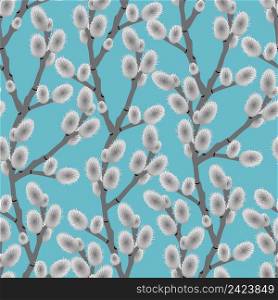 Vector seamless pattern with fluffy willow twigs on a blue sky background