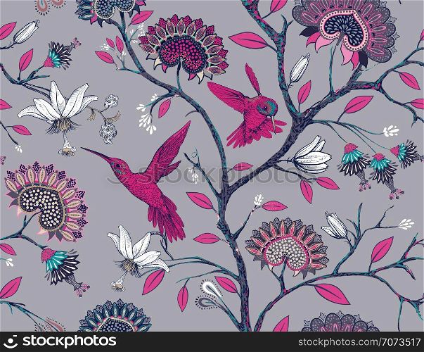 Vector seamless pattern with stylized flowers and birds. Blossom garden with hummingbirds and plants. Light floral wallpaper. Design for fabric, textile, wallpaper, cover. Vector clipart.. Vector seamless pattern with stylized flowers and birds. Blossom garden with hummingbirds and plants. Light floral wallpaper. Design for fabric, textile, wallpaper, cover, wrapping paper.