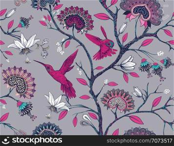 Vector seamless pattern with stylized flowers and birds. Blossom garden with hummingbirds and plants. Light floral wallpaper. Design for fabric, textile, wallpaper, cover. Vector clipart.. Vector seamless pattern with stylized flowers and birds. Blossom garden with hummingbirds and plants. Light floral wallpaper. Design for fabric, textile, wallpaper, cover, wrapping paper.
