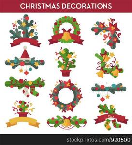 Vector set of Christmas decoration design elements in flat style. Illustration.. Vector set of Christmas decoration design elements in flat style.