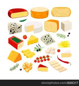 Vector set of realistic dairy products. Isolated collection cheese pieces and Slices used for restaurant menu.. Various types of cheese with tomatoes, chili and herbs