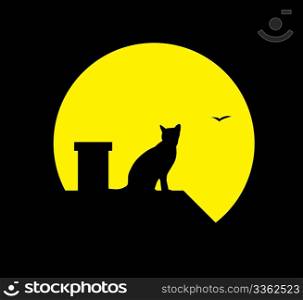 Vector silhouette cat at the moon on black background