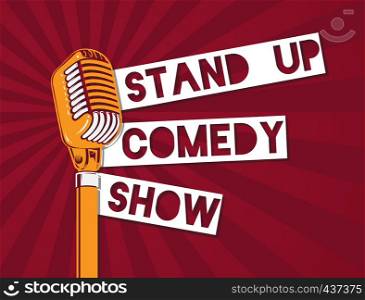 Vector stand up comedy microphone illustration on sunburst background. Stand up banner with microphone. Vector stand up comedy microphone illustration on sunburst background