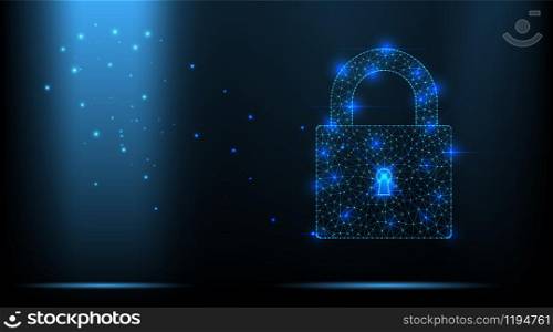Vector stars on a night sky background. Abstract data low polygonal cyber wireframe. Lock with keyhole, dot line particle. Design art for space galaxy and security technology science