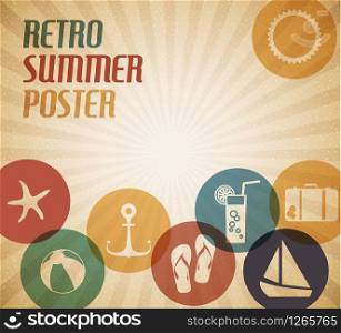 Vector summer poster with the sun and summer icons