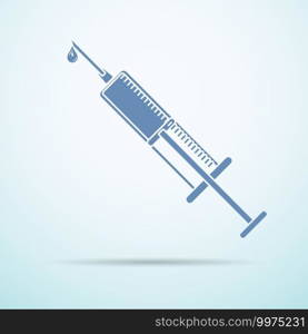 Vector syringe injector flat icon with vaccine drop on blue background.. Vector syringe injector flat icon with vaccine drop on blue background