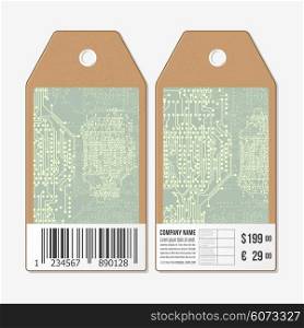 Vector tags design on both sides, cardboard sale labels with barcode. Abstract vector background. Technical construction with connected lines and dots.