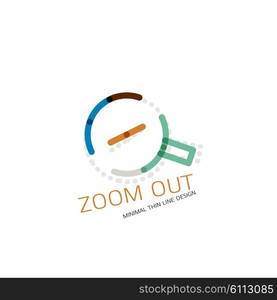 Vector thin line design logo magnifying glass, search and find or zoom logotype concept. Linear minimalistic business icon made of multicolored segments