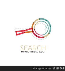 Vector thin line design logo magnifying glass, search and find or zoom logotype concept. Linear minimalistic business icon made of multicolored segments