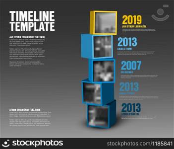 Vector timeline template made from yellow and blue cubes with photos - dark version