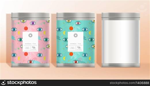 Vector Tin Can Container Packaging with White Wrap Around Label or Eye Pattern Theme