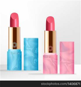 Vector Trendy Lipstick with Marble Effect Resin Packaging, Pink & Sky Blue