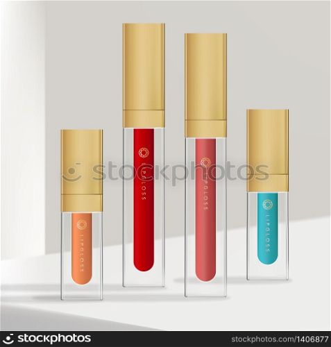Vector Trendy Rectangular Lip Gloss or Tint Packaging with Golden Cap