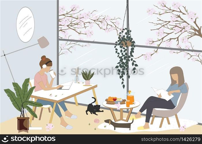 Vector two freelance women working on laptop and sitting on chair reading a book with cat and dog playing on floor in living room,Daily life activity or hobby at home during quarantine