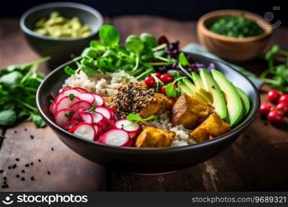 Vegan buddha bowl dinner food table