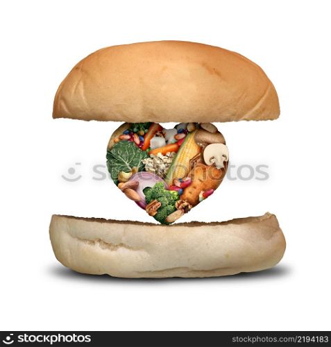 Vegan Burger concept as plant based veggie patty for burgers in a vegetarian diet made with beans potatoes vegetables and mushrooms shaped as a heart inside a bun.