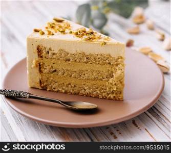 Vegan cake with matcha and pistachio