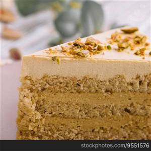 Vegan cake with matcha and pistachio
