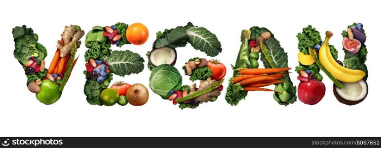 Vegan concept and veganism lifestyle icon as a group of fruit vegetables nuts and beans shaped as text isolated on a white background as a healthy diet symbol for eating green biological natural food.