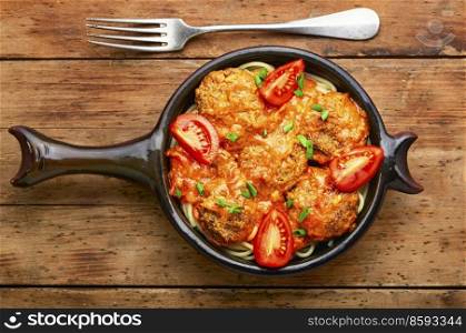 Vegan cutlets with meat free and pasta. Healthy nutrition.. Vegan meatballs or falafel and pasta.