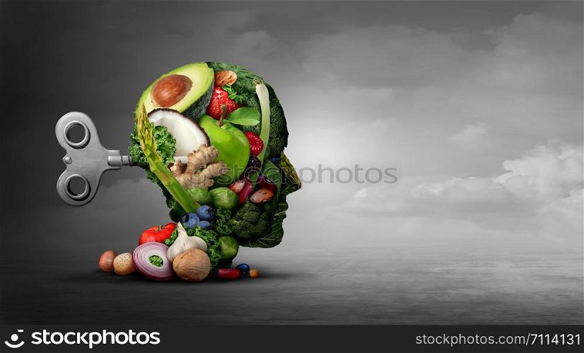 Vegan diet and mental function concept as a psychiatric or psychiatry symbol of the effects on the brain and mood by eating natural food as fruit nuts vegetables and beans with 3D illustration elements.