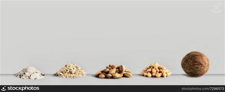 Vegan food concept. Best vegan milk ingredients: rice, oatmeal, almond, soy and coconut at gray background, front view. Copy space for your design, banner. Healthy eating, clean food concept