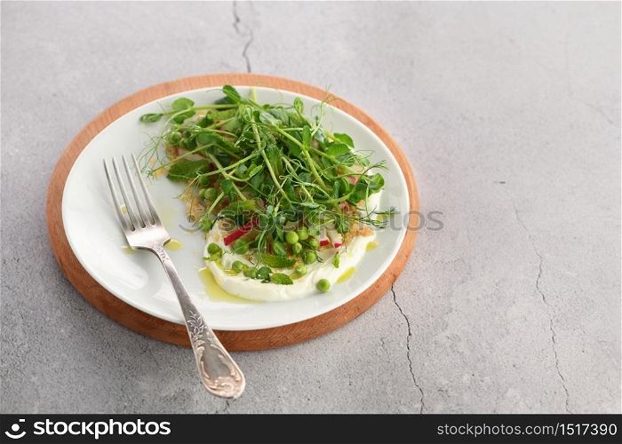 Vegan healthy salad made microgreen sprouts peas, quinoa, radish, mint and yogurt