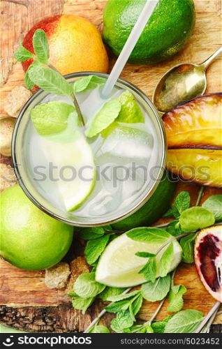 vegan juice for healthy lifestyle. refreshing drink with fresh lime,orange, mint and averrhoa
