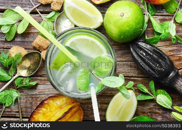 vegan juice for healthy lifestyle. refreshing drink with fresh lime,orange, mint and averrhoa